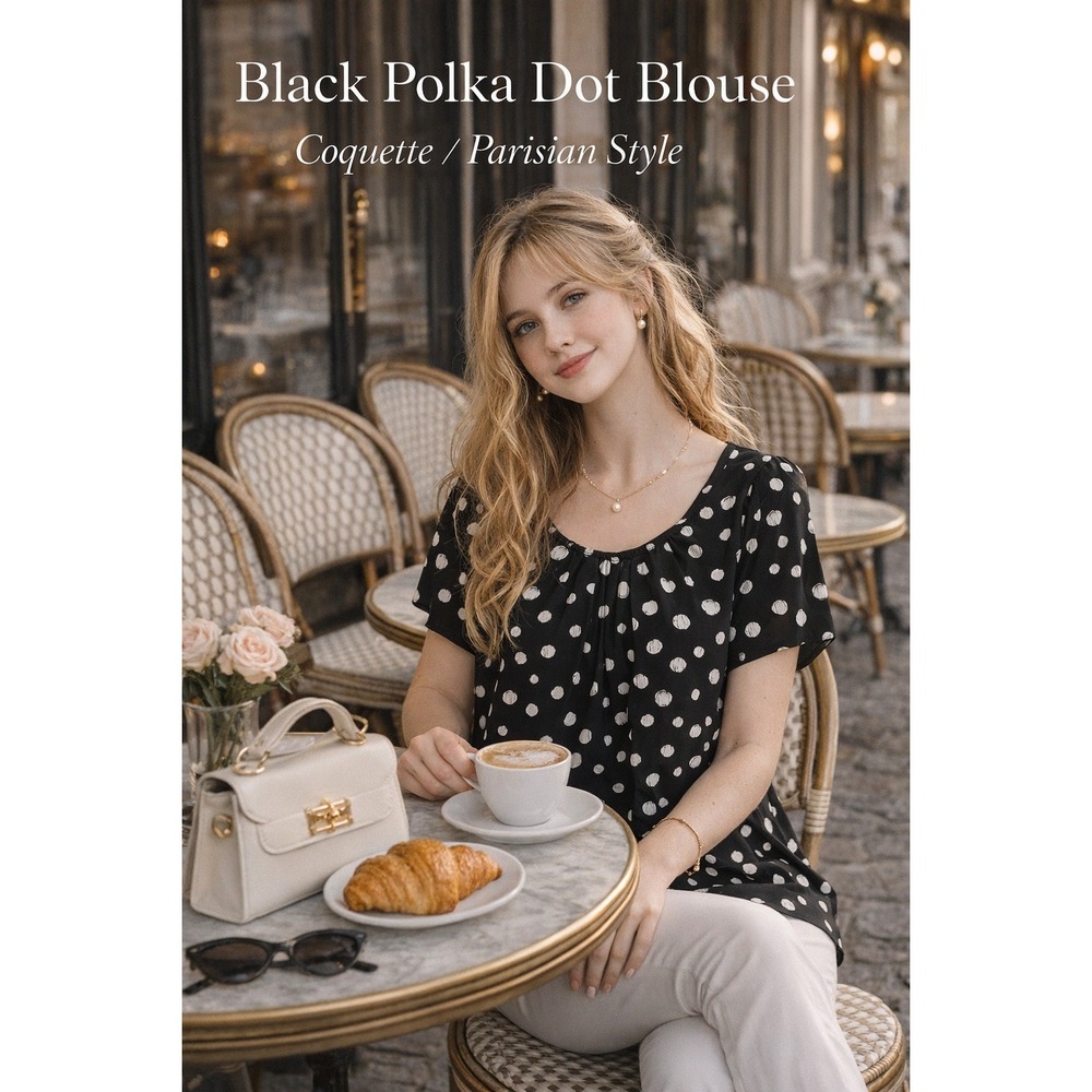 Polka Dot Pleated Scoop Neck Tunic‎ Top Black White Short Sleeve Stretch Blouse